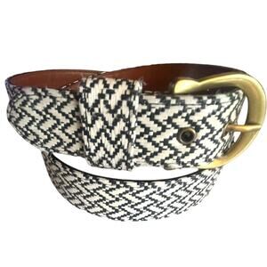 Black & Cream Chevron Belt Womens Large Gold Tone Buckle Bonded Leather & PU